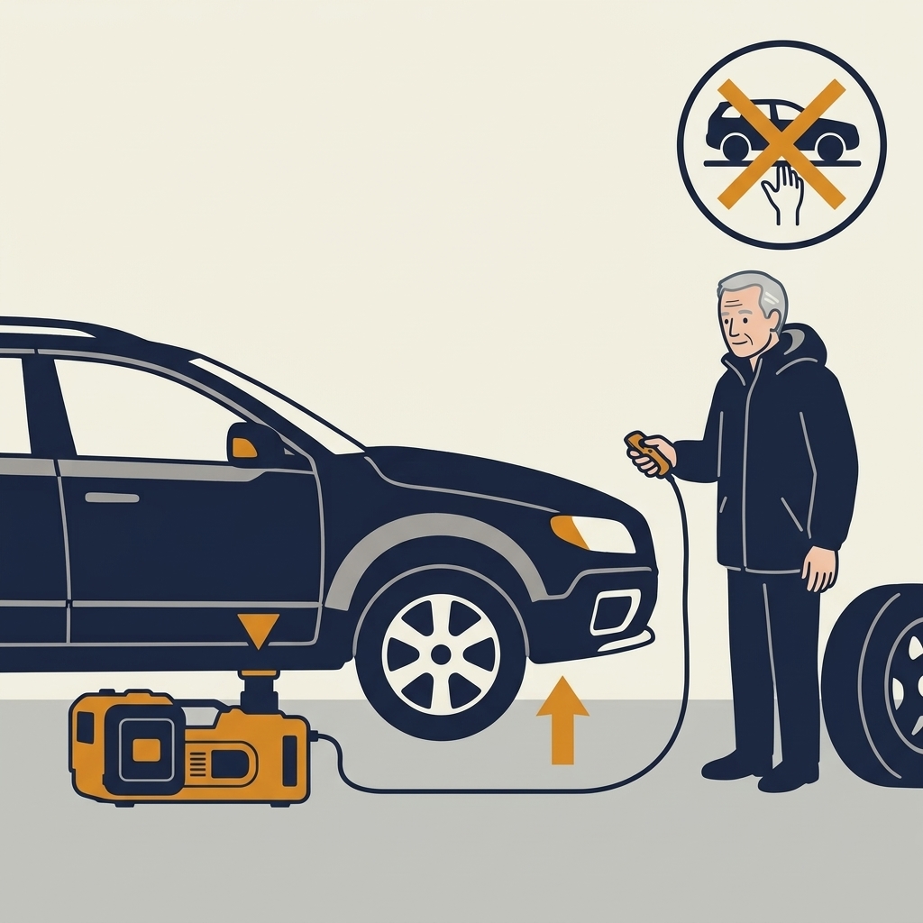 Illustration: bilen lyfts av den elektriska domkraften medan mannen står bredvid och håller in knappen på sladden.