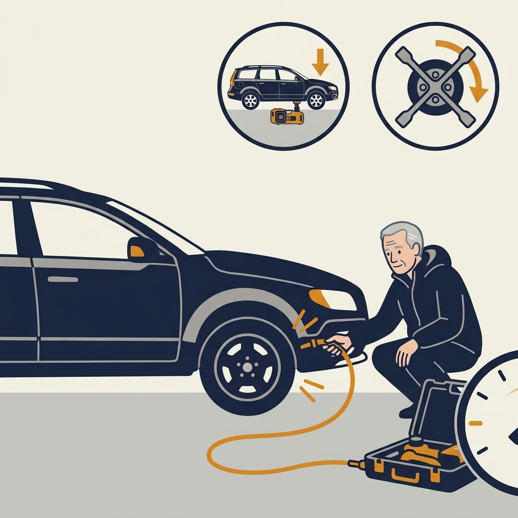 Illustration: mannen fyller luft i hjulet med kompressorn, med slangen på däckventilen.