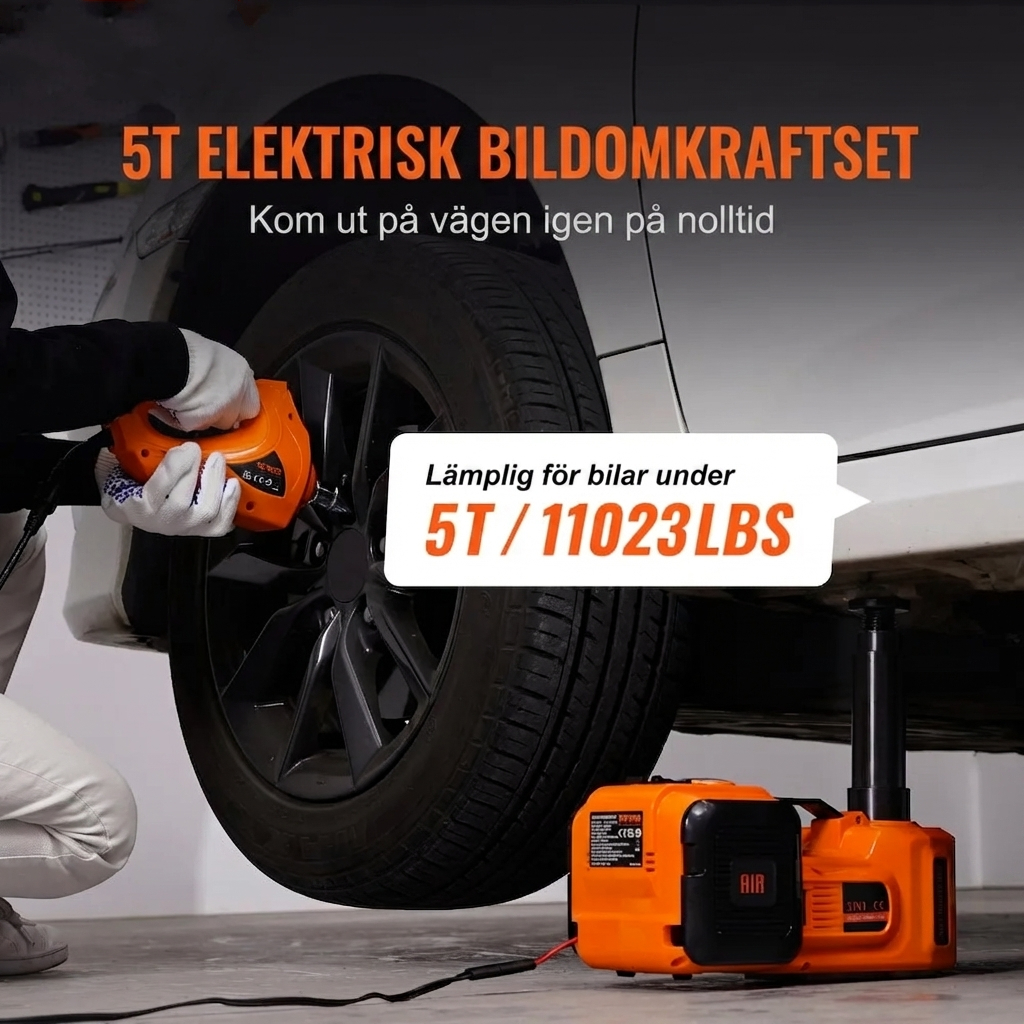 Elektrisk domkraft under bilen och mutterdragare på hjulet
