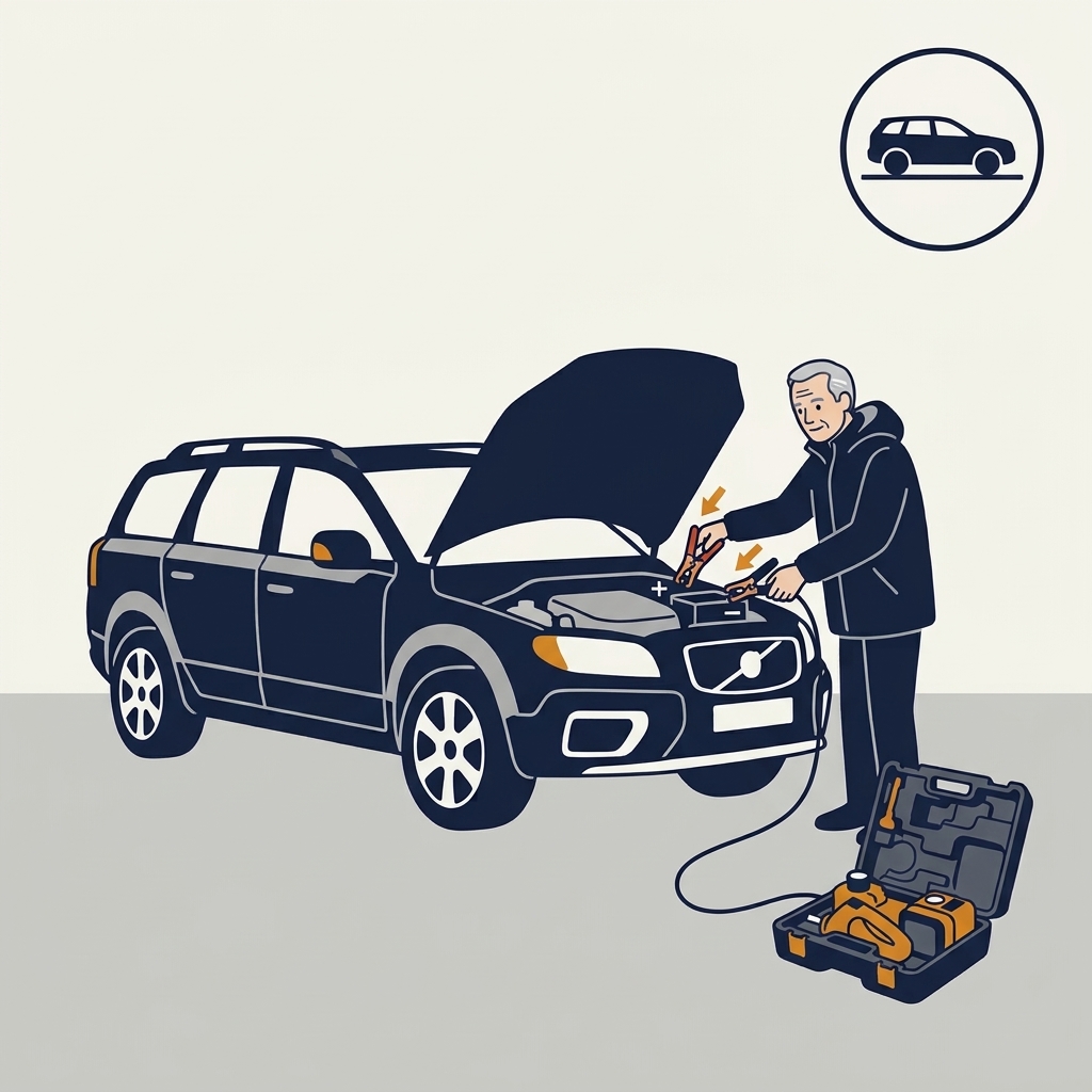 Illustration: en man ansluter batteriklämmorna till bilens batteri medan kitet ligger i den öppna väskan på marken.
